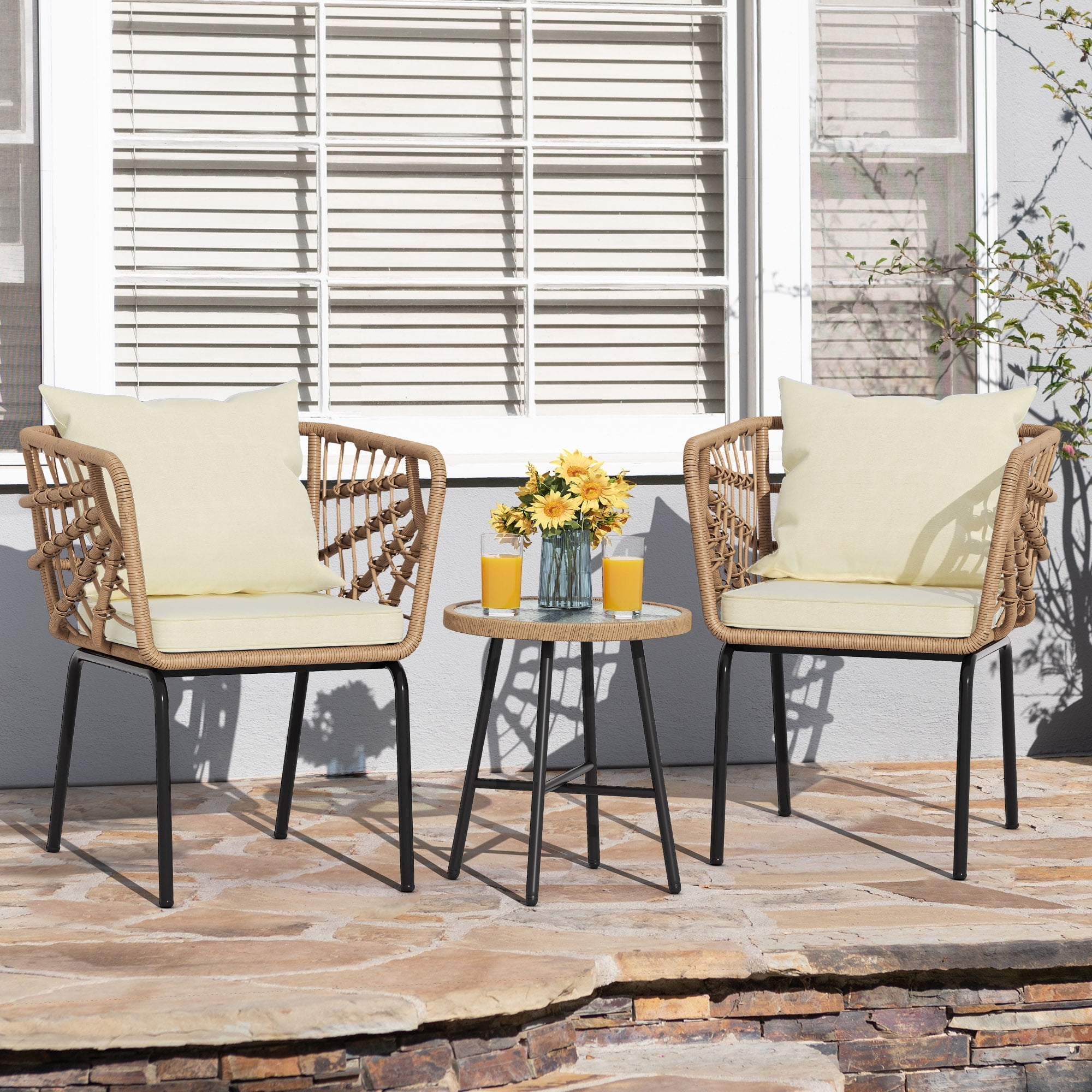 DEXTRUS 3-Piece Outdoor Patio Furniture Wicker Bistro Set With 2 Chairs and Coffee Table,Cushions and Lumbar Pillows for Porch, Backyard-Beige