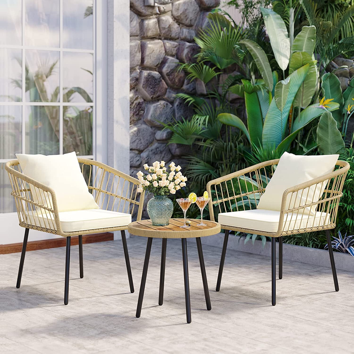 DEXTRUS 3-Piece Outdoor Patio Furniture Wicker Bistro Set with Soft Cushions