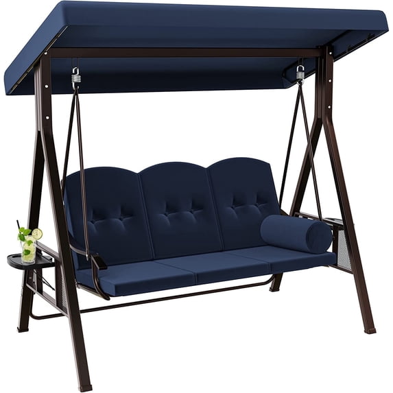 DEXTRUS 3-Seat Outdoor Porch Swing Chair w/ Cushions & Adjustable Canopy for Garden, Lawn, Navy Blue