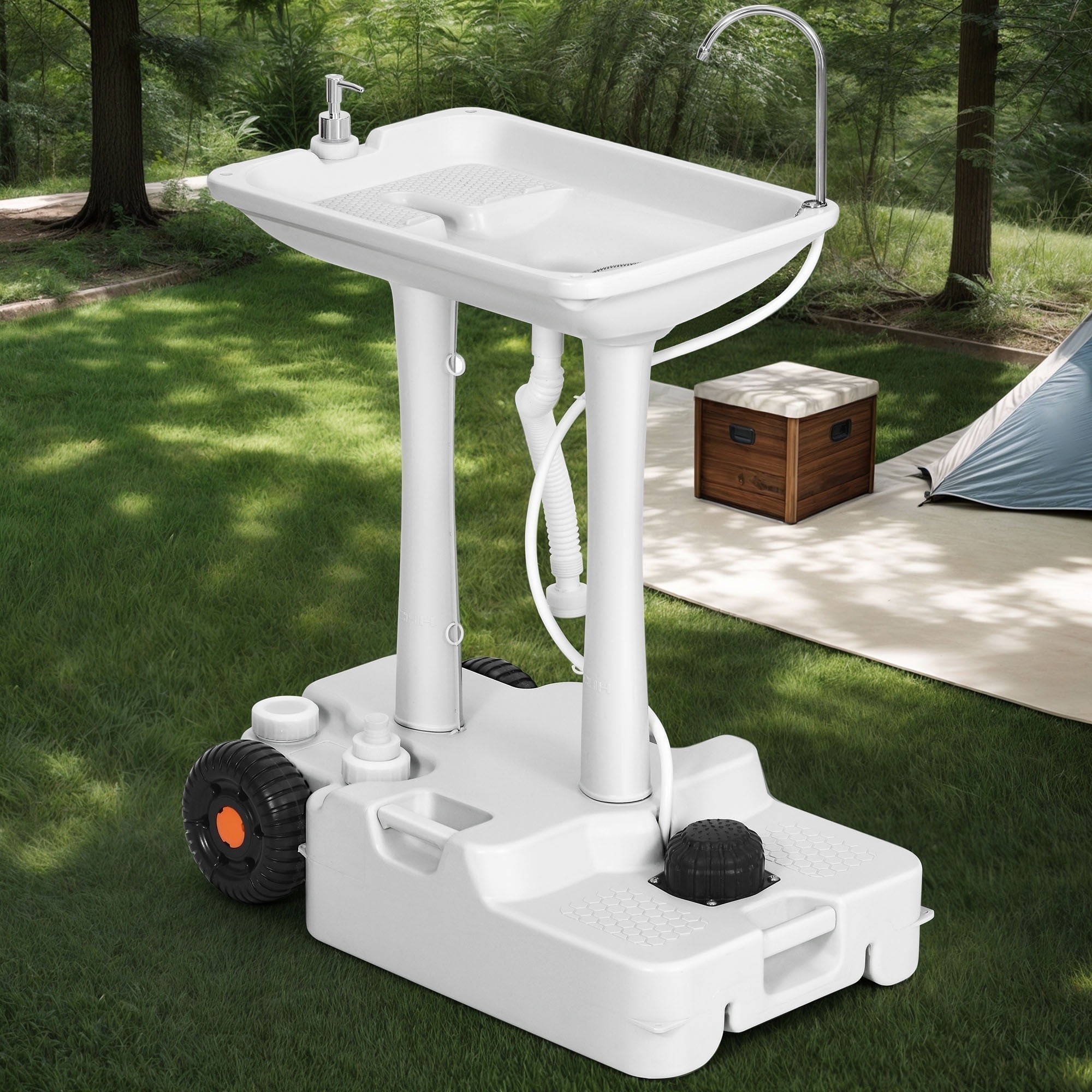 DEXTRUS 30L Portable Camping Sink with Rolling Wheels, Hand Washing Station, Soap Dispenser, Towel Holder, Ideal for Outdoor, Indoor