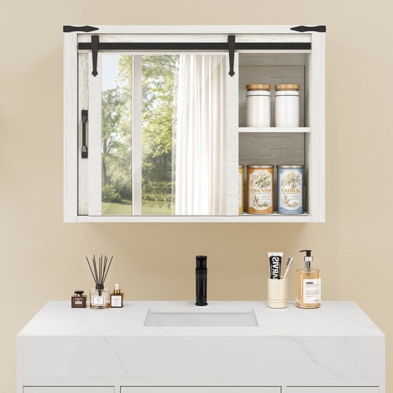 DEXTRUS 31.5" Wall Mount Medicine Cabinet with Mirror Sliding Door, Bathroom Storage Cabinet, White