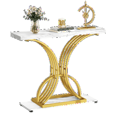 DEXTRUS 39" Console End Table with Faux Marble Top,  Side Table for Living Room, Entryway, Gold