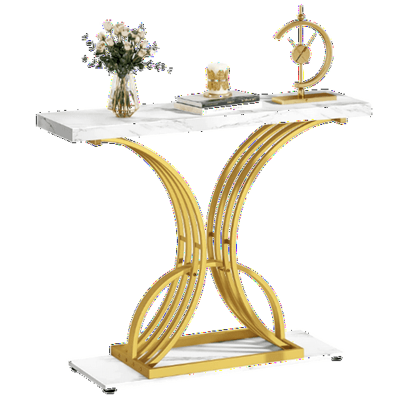 DEXTRUS 39" Console End Table with Faux Marble Top, Side Table for Living Room, Entryway, Gold