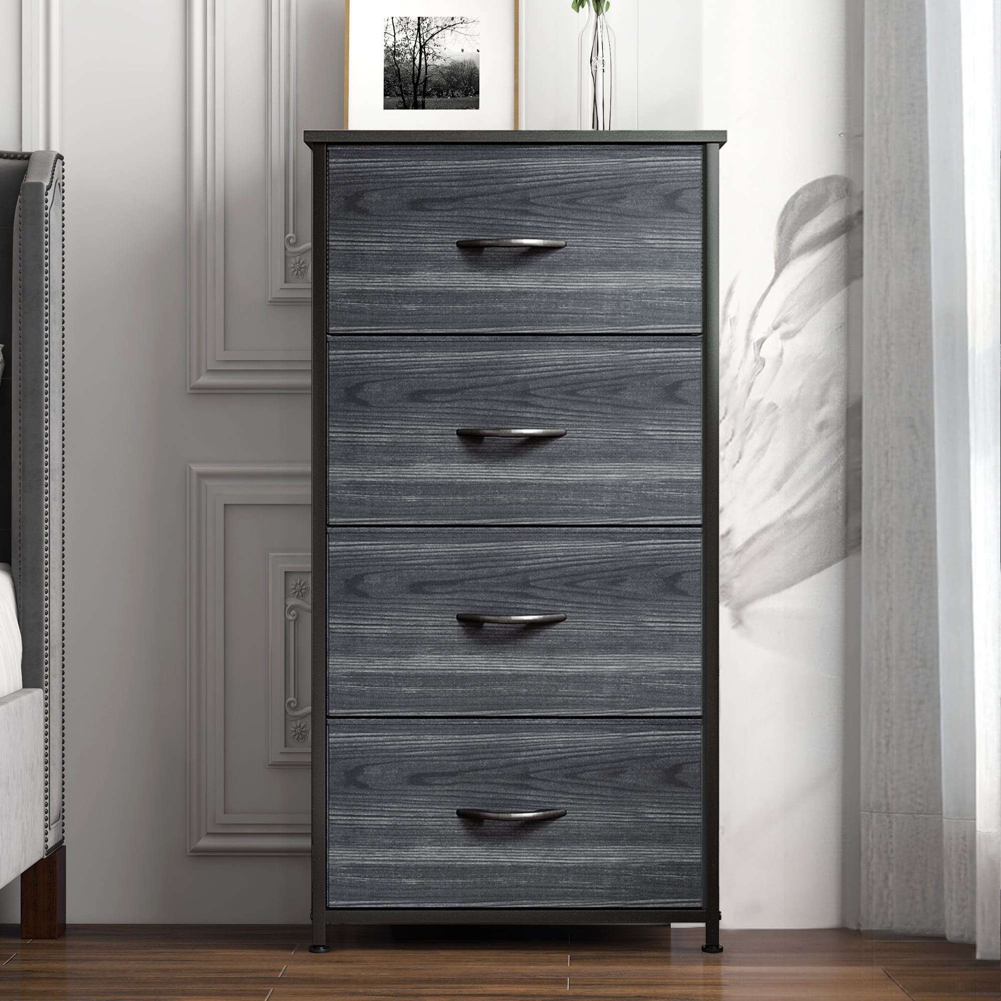 DEXTRUS 4-Drawer Bedside Dresser for Adults with Charcoal Black Finish – Bedroom & Storage Organizer