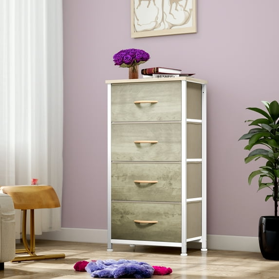 DEXTRUS 4-Drawer Chest Bedside Dresser Furniture Organizer for Adults, Kids & Teens, Oak Grey Beige