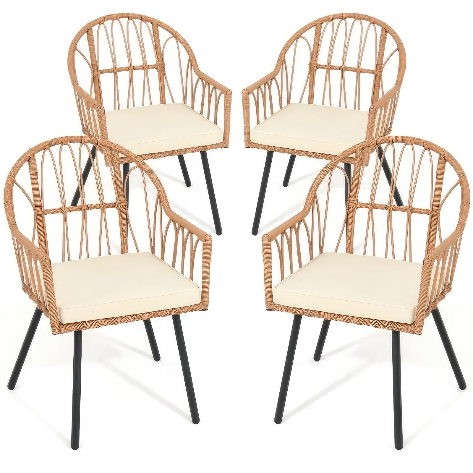 DEXTRUS 4 Pieces Rattan Wicker Dinning Chairs, Patio Furniture Set with Cushion and Curved Back All Weather Bistro Chair for Garden Backyard Porch Poolside Restaurant