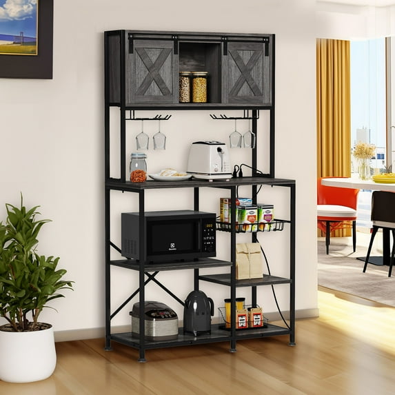 DEXTRUS 4 Tier Kitchen Bakers Rack with Power Outlet, 67" Freestanding Microwave Stand with Storage Cabinet and Sliding Barn Door for Kitchen Living Room, Gray