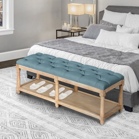 DEXTRUS 45" Tufted Upholstered Linen Fabric Bench with Storage Shelf, Blue