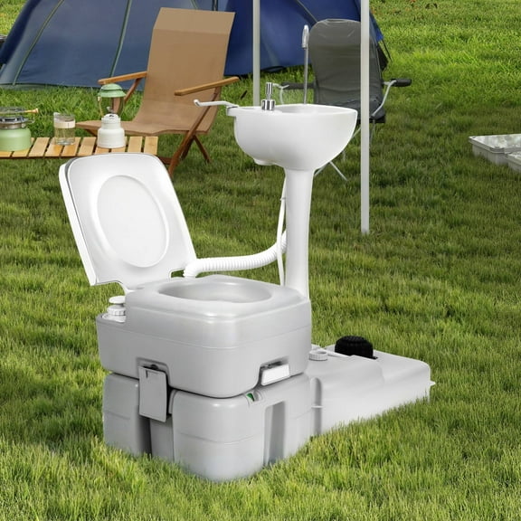 DEXTRUS 5.28-gal Portable Toilet with 17L Portable Sink Wash Basin Station, RV Toilet with Level Indicator, White & Gray