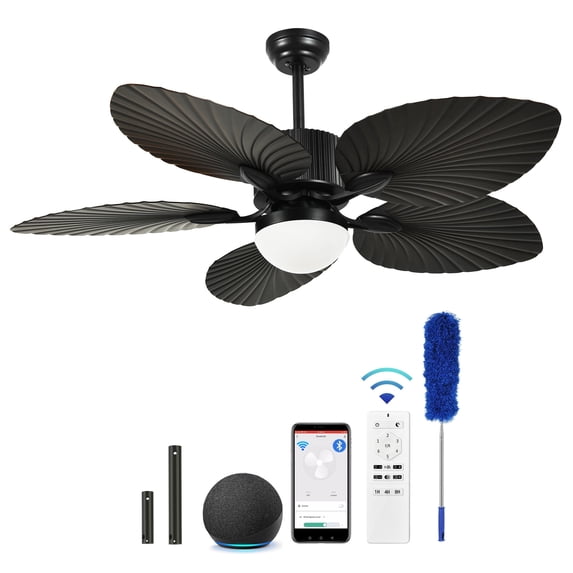 DEXTRUS 52 Inch Tropical Ceiling Fan with LED Light and Remote,3 Ways Control,Black Smart Palm Leaf Ceiling Fan with Alexa
