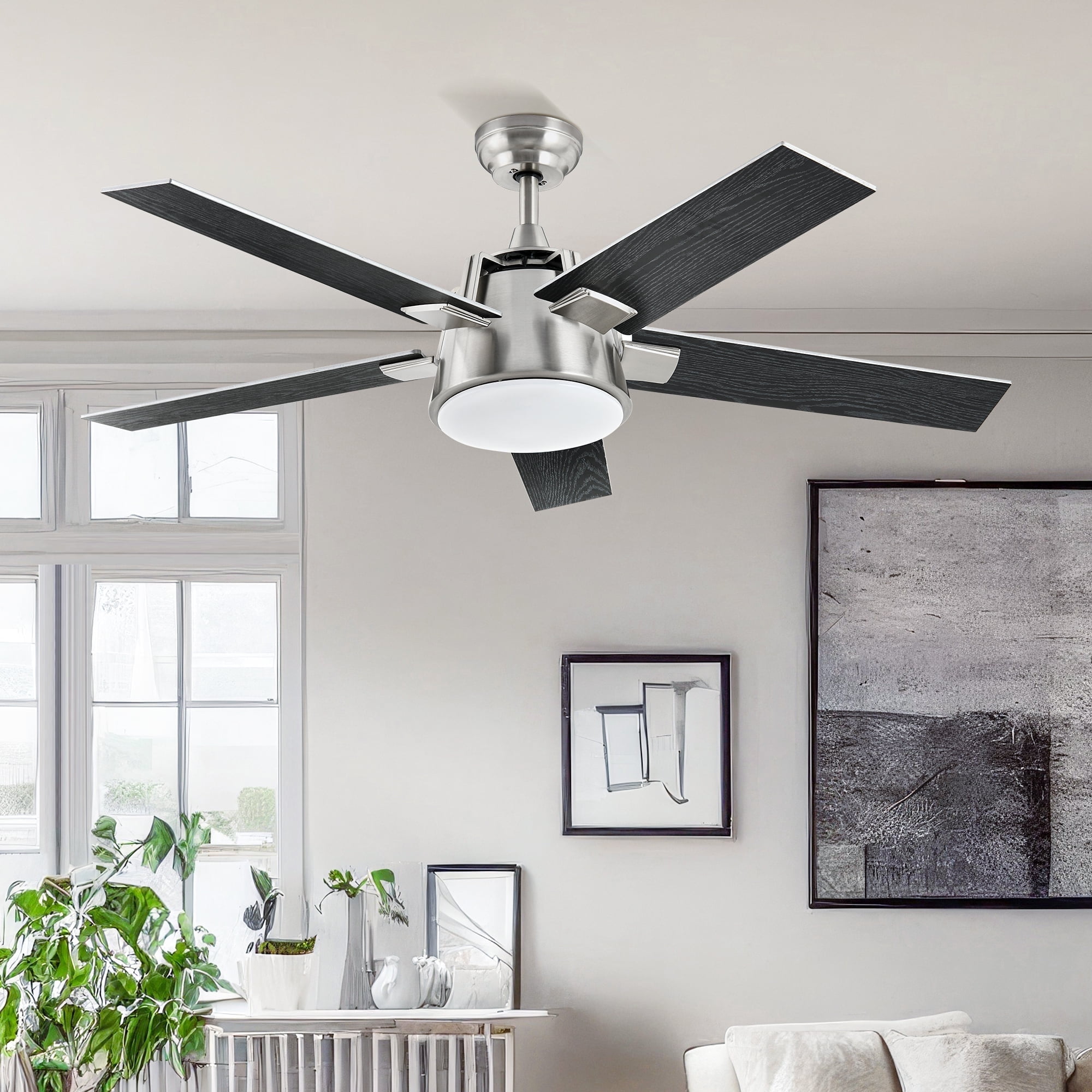 DEXTRUS 52in Modern Ceiling Fan with Light, Quiet Reversible Motor, Dimmable LED 3-Color, 6-Speed 5 Blades Memory Function for Bedroom Living Room Patio, Black