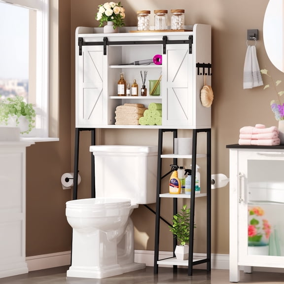 DEXTRUS 61" over the Toilet Storage Cabinet, 3-Tier Freestanding Bathroom Organizer Rack with Sliding Barn Door and Open Shelf , White