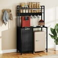 thumbnail image 1 of DEXTRUS 63" Bakers Rack with Power Outlets, Mini Fridge Stand with Cabinet for 10-gal Bin, Black, 1 of 8