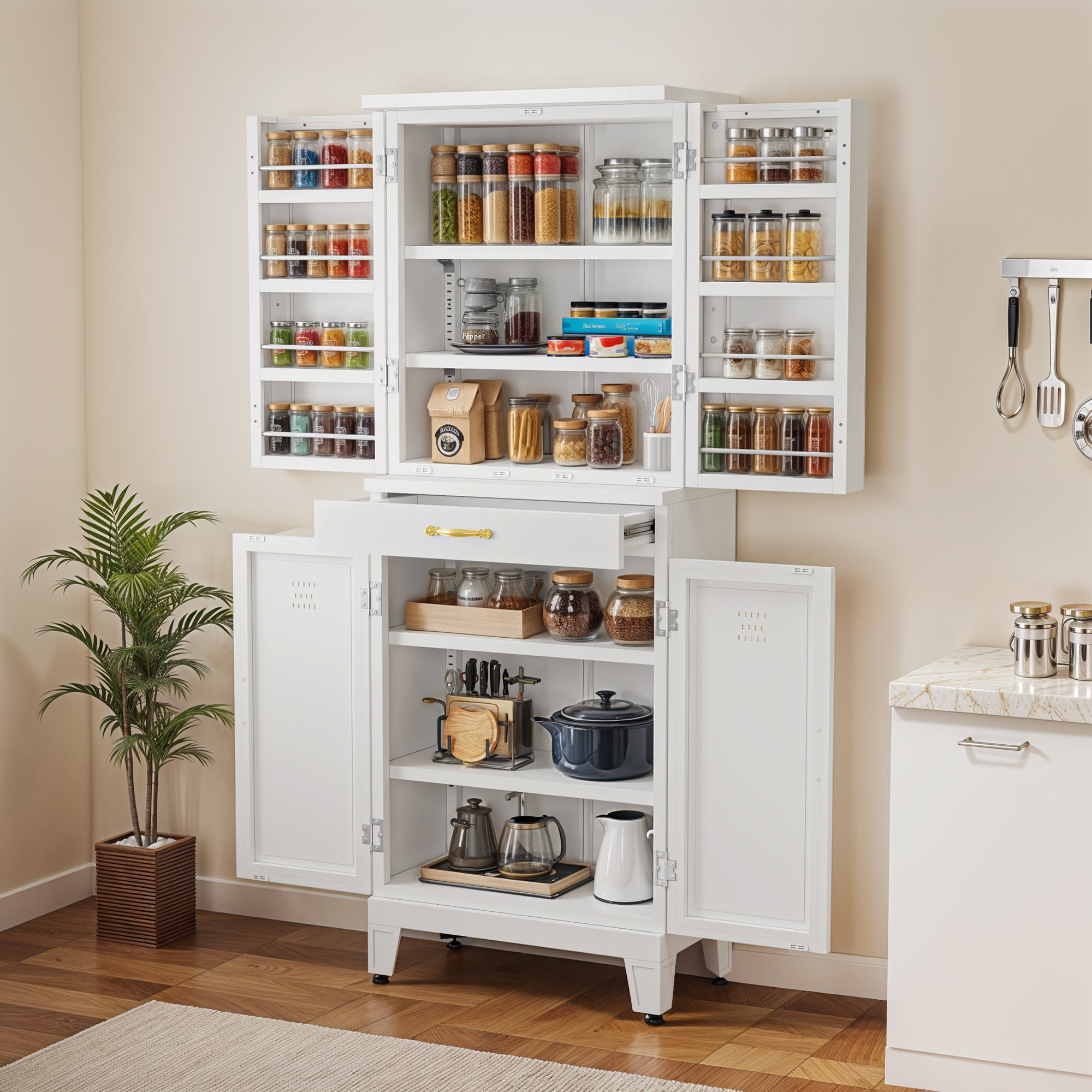 DEXTRUS 70.9"H Pantry Cabinet with Doors & Drawer, Metal Kitchen Storage Cabinet, White