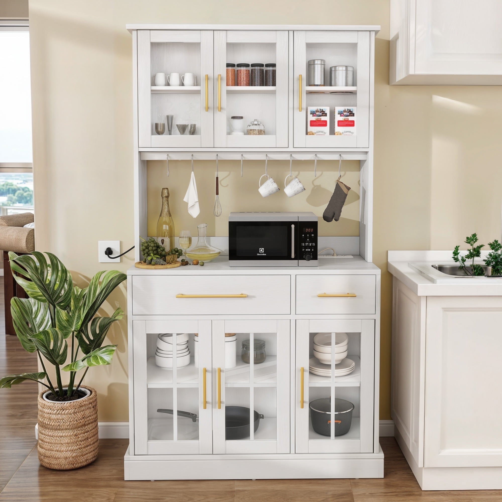 DEXTRUS Freestanding Pantry Cabinet With Door And Power Outlet, 2 Drawers, White, 71 Inch