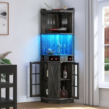 DEXTRUS 72" Corner Bar Unit, 3 Tier Freestanding Wine Bar Cabinet with LED Lights & Glass Holder & Adjustable Shelf, Black Oak