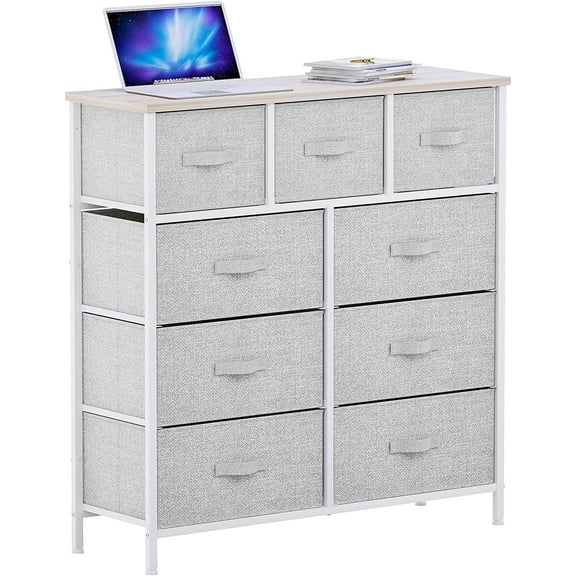 DEXTRUS 9-Drawer Fabric Dresser Storage Chest, Light Gray, for Adults