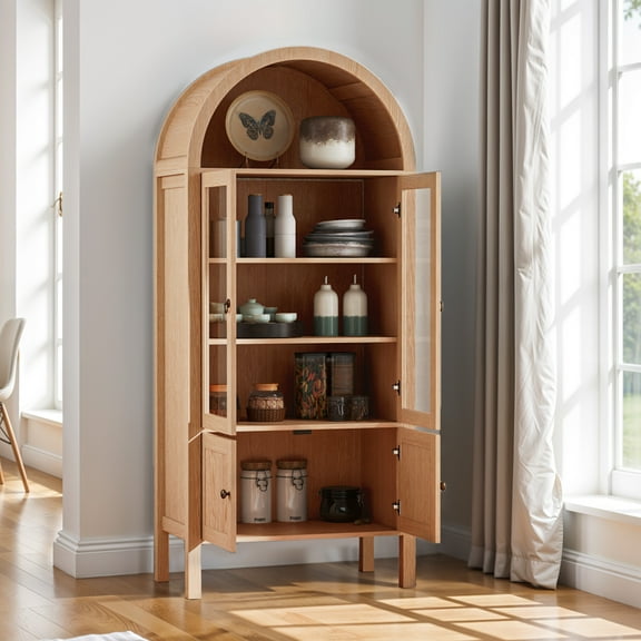 DEXTRUS Arched Storage Display Cabinet with LED Lights & Glass Doors, Kitchen Pantry Cabinet,Natural