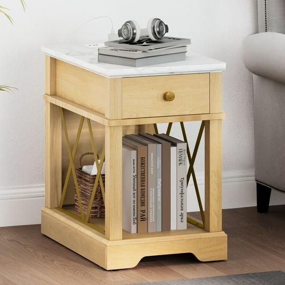 DEXTRUS End Table with Power Outlets & Drawer, Farmhouse Side Table Nightstand, Natural