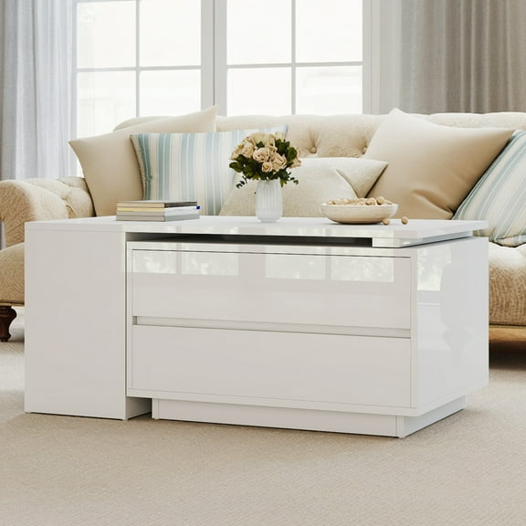 DEXTRUS Extendable Coffee Table with Drawers & LED Lights, High Gloss Center Table, White