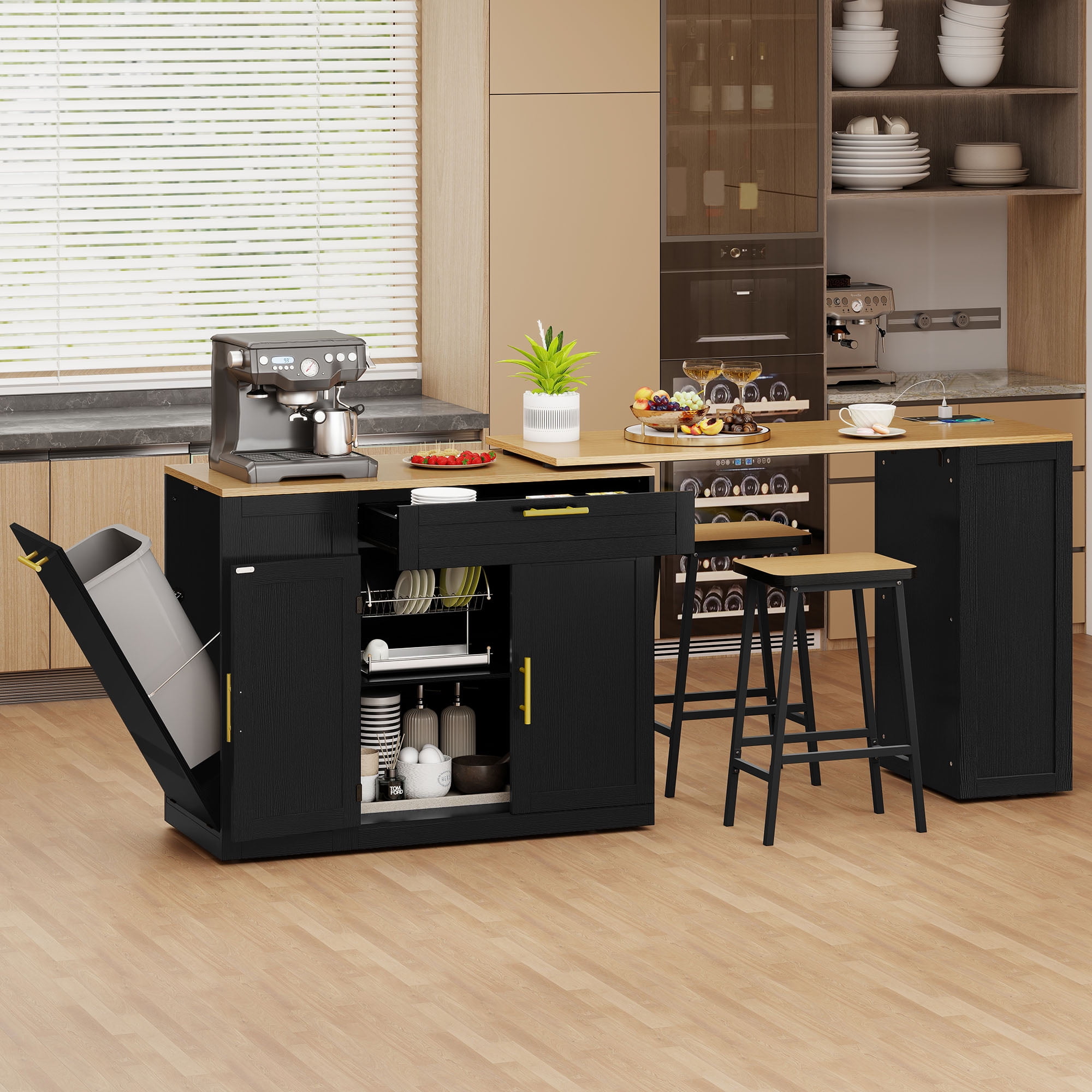 DEXTRUS Extendable Kitchen Island Table with Seating & Power Outlets ...