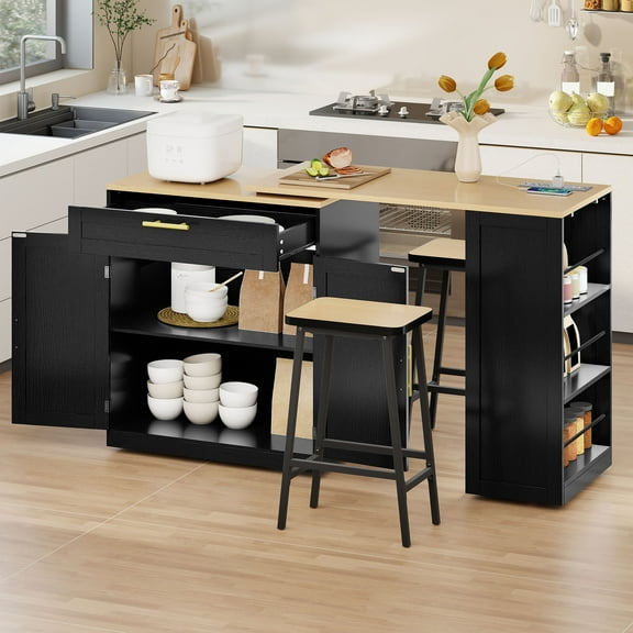 DEXTRUS Extendable Kitchen Island with Power Outlets & Wheels, Kitchen Island Table with 2 Stools, Black