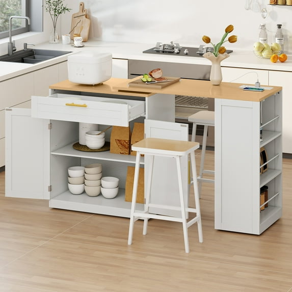 DEXTRUS Extendable Kitchen Island with Power Outlets & Wheels, Kitchen Island Table with 2 Stools, White