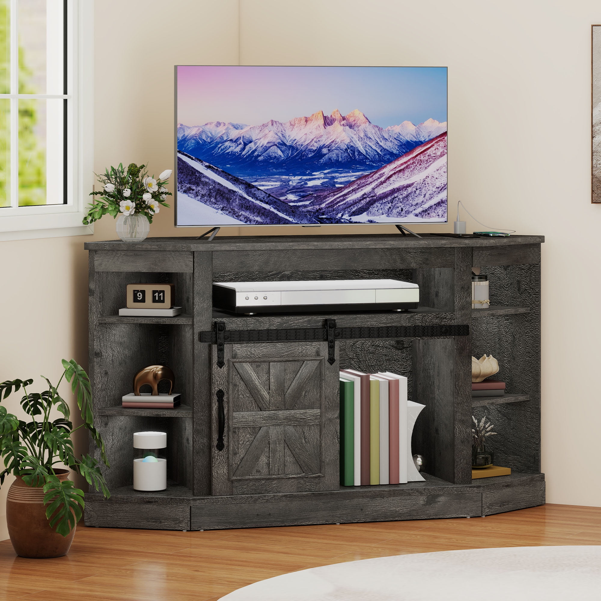 DEXTRUS Farmhouse Corner TV Stand for 50" TV, Entertainment Center with Sliding Barn Door, Dark Gray