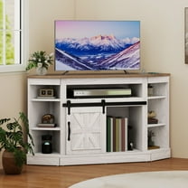 DEXTRUS Farmhouse Corner TV Stand for 50" TV, Entertainment Center with Sliding Barn Door, Gray Wash
