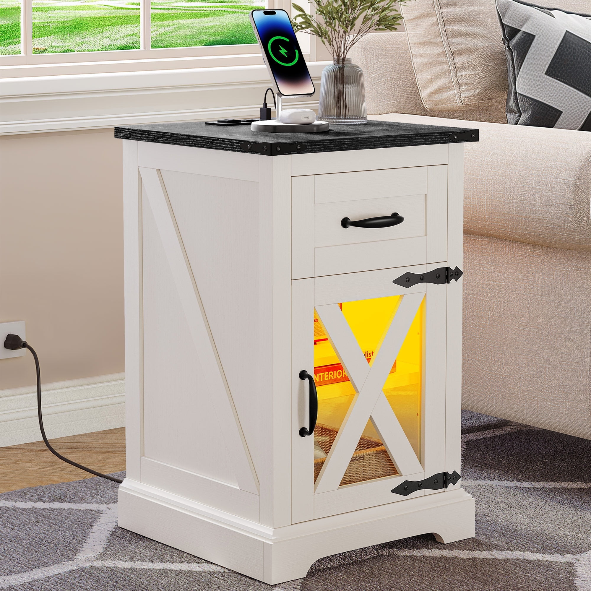 DEXTRUS Farmhouse Nightstand End Table with Charging Station and LED Lights, Side Table with Door & Storage Shelf Nightstand for Living Room Bedroom - White