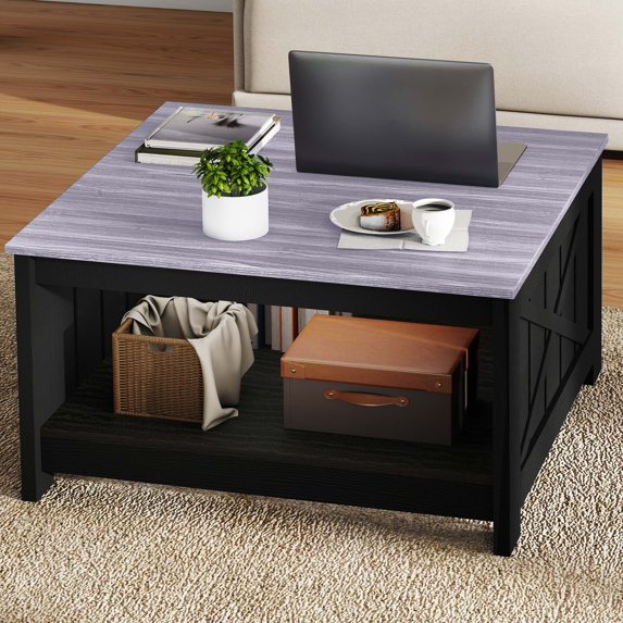DEXTRUS Farmhouse Square Coffee Table, Rustic Center Table for Living Room, Gray Oak