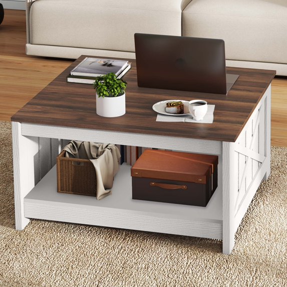 DEXTRUS Farmhouse Square Coffee Table, Rustic Center Table for Living Room, White & Brown
