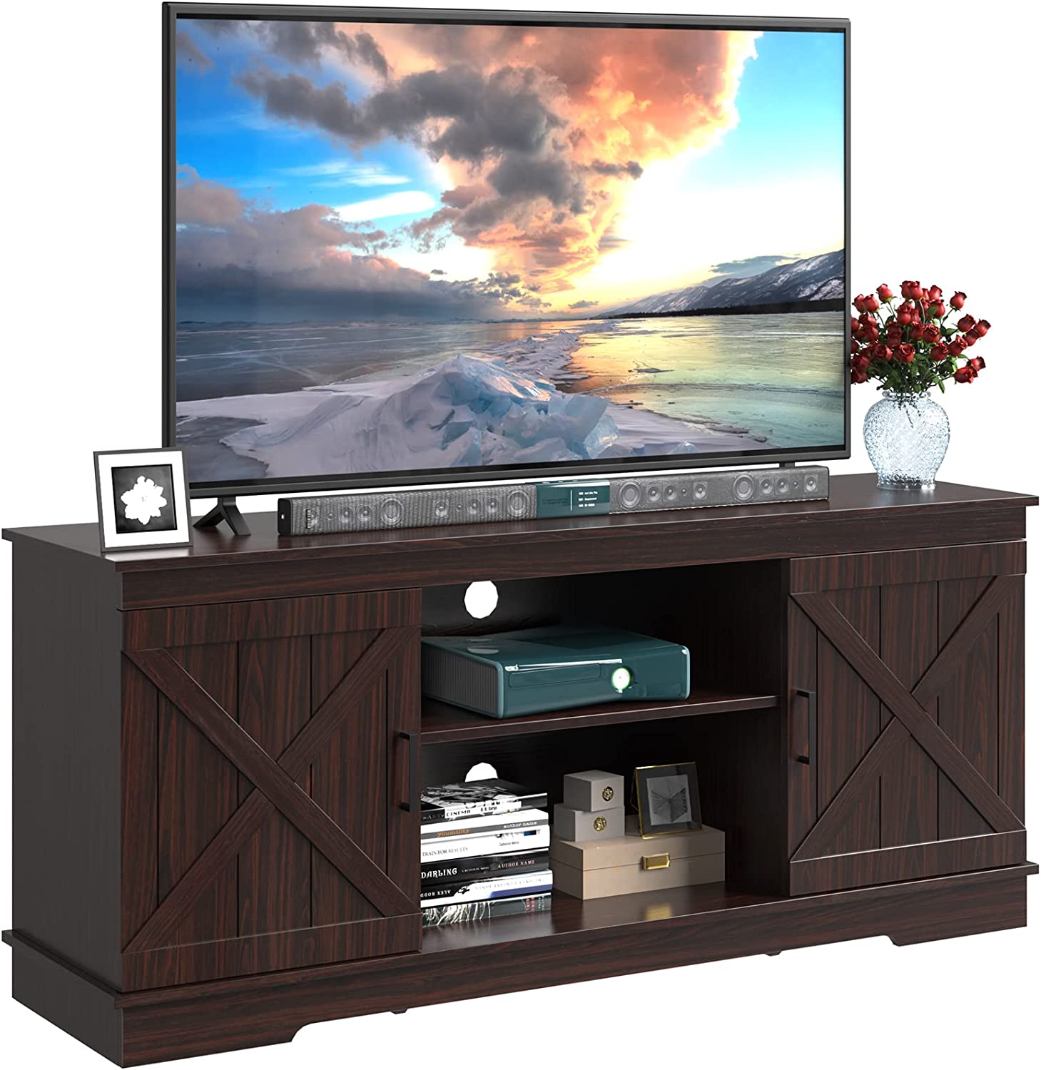 Modern Farmhouse Sliding Barn Door TV Stand, TV Stand for 65