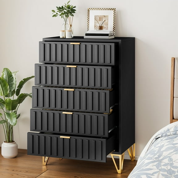DEXTRUS Fluted 5-Drawer Dresser with Metal Stand for Bedroom, Metal Chest of Drawers, Black