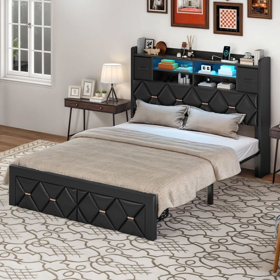 DEXTRUS Full Size Bed Frame with Storage & Power Outlets, PU Leather Bed Frame with LED Lights, Black