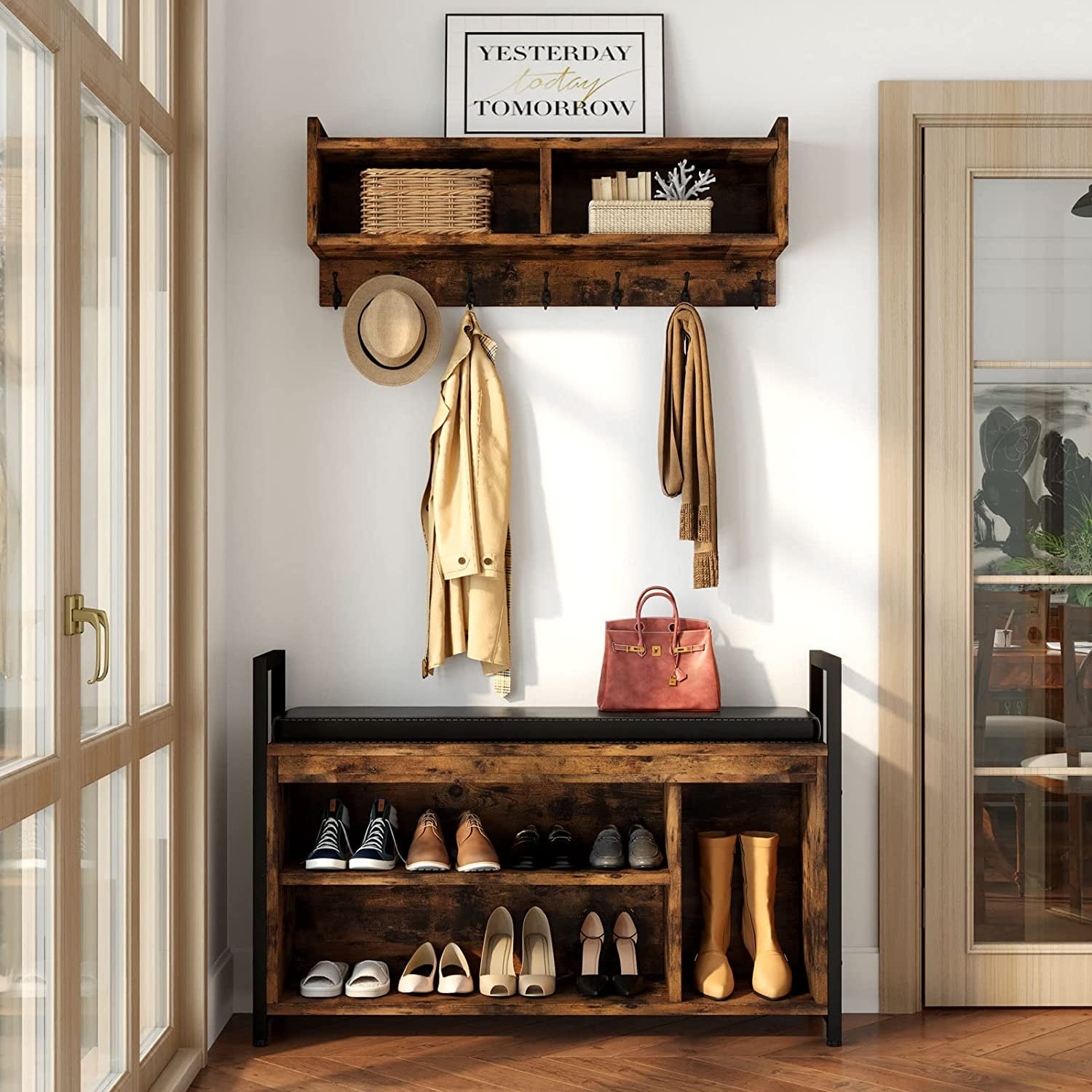 YINTATECH Industrial Entryway Hall Tree Garment Coat Rack with Shoe Bench, Storage Shelves and 7 Hooks for Hallway, Living Room, Bedroom, Rustic Brown