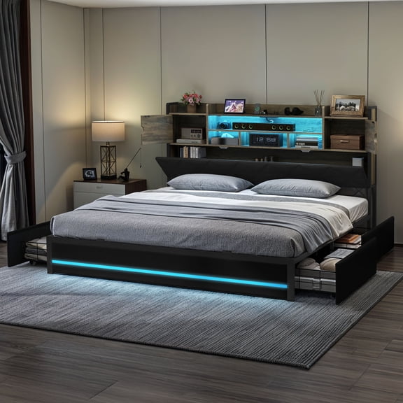 DEXTRUS King Size PU Leather Bed Frame with Storage Headboard & LED Lights, Upholstered Bed Frame with Power Outlets & Drawers, Black