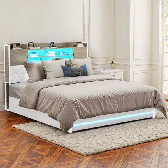 DEXTRUS King Size PU Leather Bed Frame with Storage Headboard & LED Lights, Upholstered Bed Frame with Power Outlets & Drawers, White