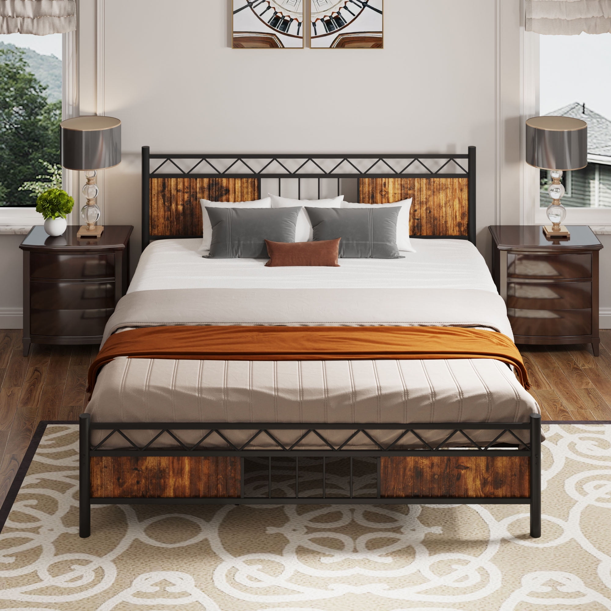 DEXTRUS King Size Platform Metal Bed Frame with Headboard & Soundproof Cotton, Black & Brown