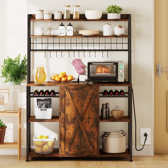 DEXTRUS Kitchen Bakers Rack with Hooks & Power Outlets, 6-Tier Microwave Stand with Door, Brown