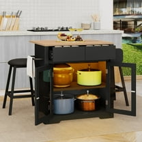 DEXTRUS Kitchen Island Table with Seating & Power Outlets, Kitchen Island on Wheels with Drop Leaf, Black