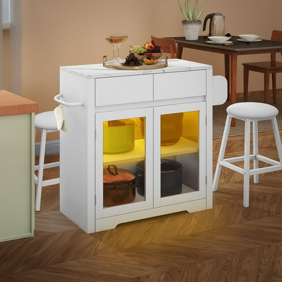 DEXTRUS Kitchen Island Table with Seating & Power Outlets, Kitchen Island on Wheels with Drop Leaf, White