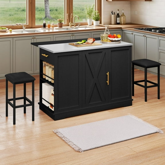 DEXTRUS Kitchen Island Table with Stools & Trash Storage, Kitchen Island with Drop Leaf, Black