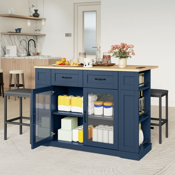 DEXTRUS Kitchen Island with Seating & Drop Leaf, Kitchen Island on Wheels with Doors & Drawers, Blue