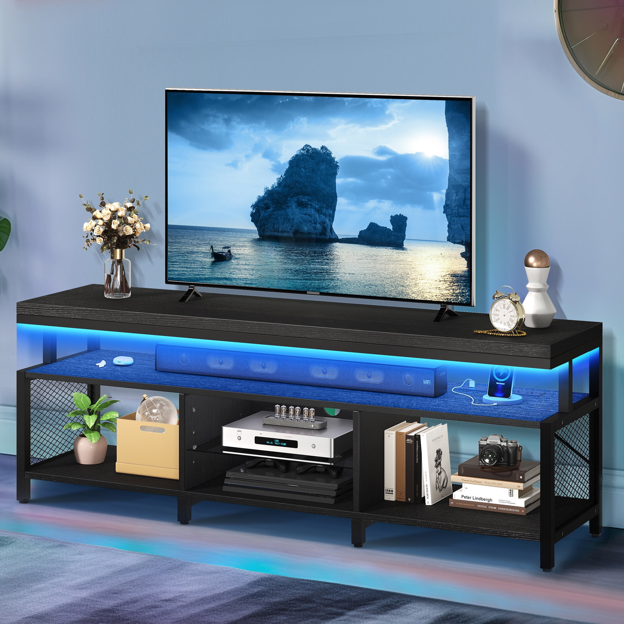 Dextrus LED TV Stands w Power Outlets Industrial TV Stand for 55 60 65 70 inch Entertainment Center TV Cabinet for Living Room Black Size 63 inch