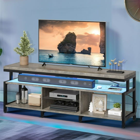 DEXTRUS LED TV Stands w/Power Outlets, Industrial TV Stand for 55/60/65/70 inch, Entertainment Center TV Cabinet for Living Room, Gray