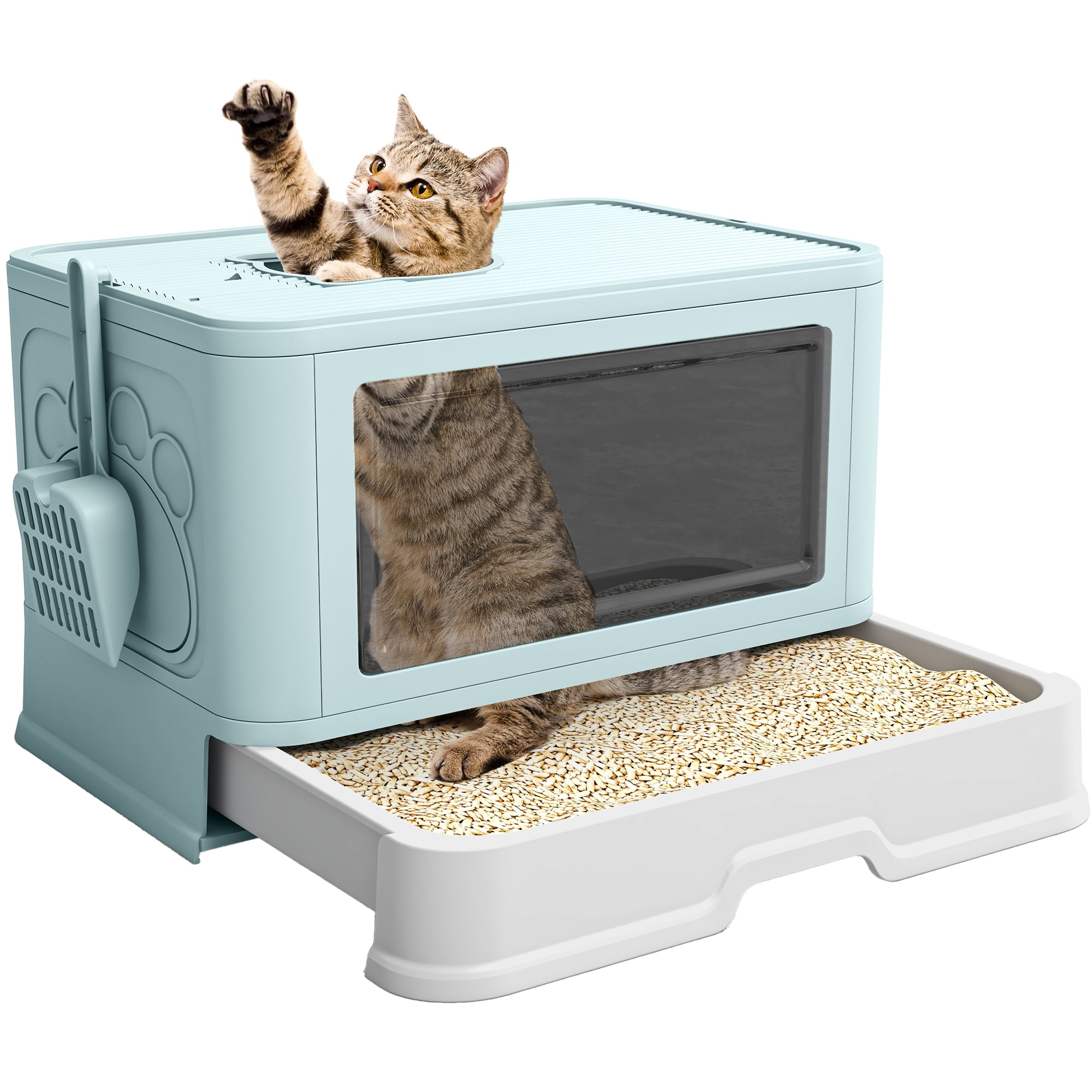DEXTRUS Large Enclosed Cat Litter Box with Lid, Drawer Type, Easy to Clean, Includes Litter Scoop, Blue