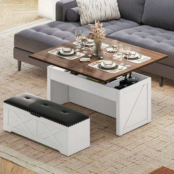 DEXTRUS Lift Top Coffee Table with Ottoman Bench on Wheels, Farmhouse Storage Center Table, White