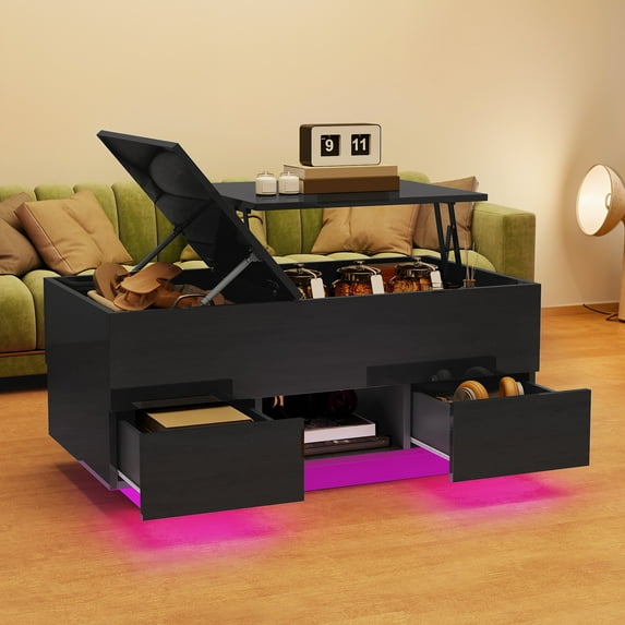 DEXTRUS Lift Top Coffee Table with Storage & LED Lights, Center Table with Charging Station, Black