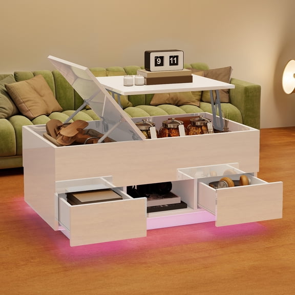 DEXTRUS Lift Top Coffee Table with Storage & LED Lights, Center Table with Charging Station, White